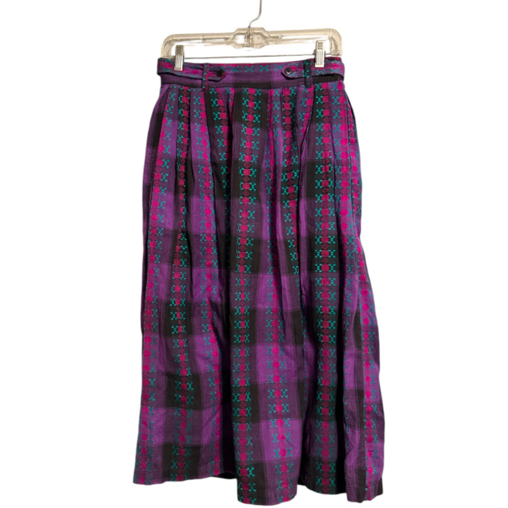Vintage KZK Skirt 70s Cotton Aztec Plaid Size M Intricate Purple Teal